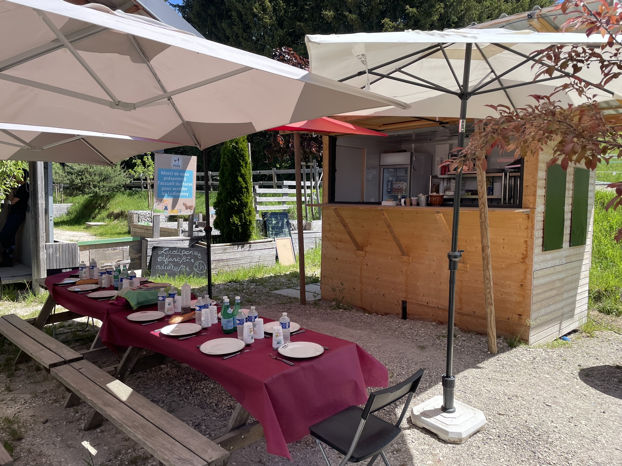 Une table dressée en terrasse pour un repas de groupe au Haras du Vercors