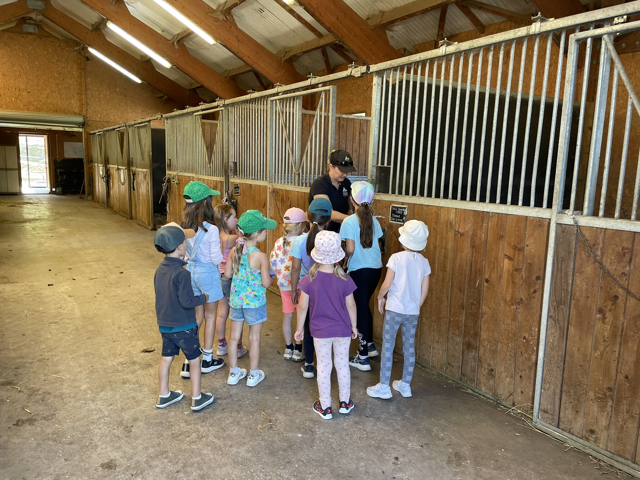 Des enfants découvrent l’écurie avec une animatrice au Haras du Vercors